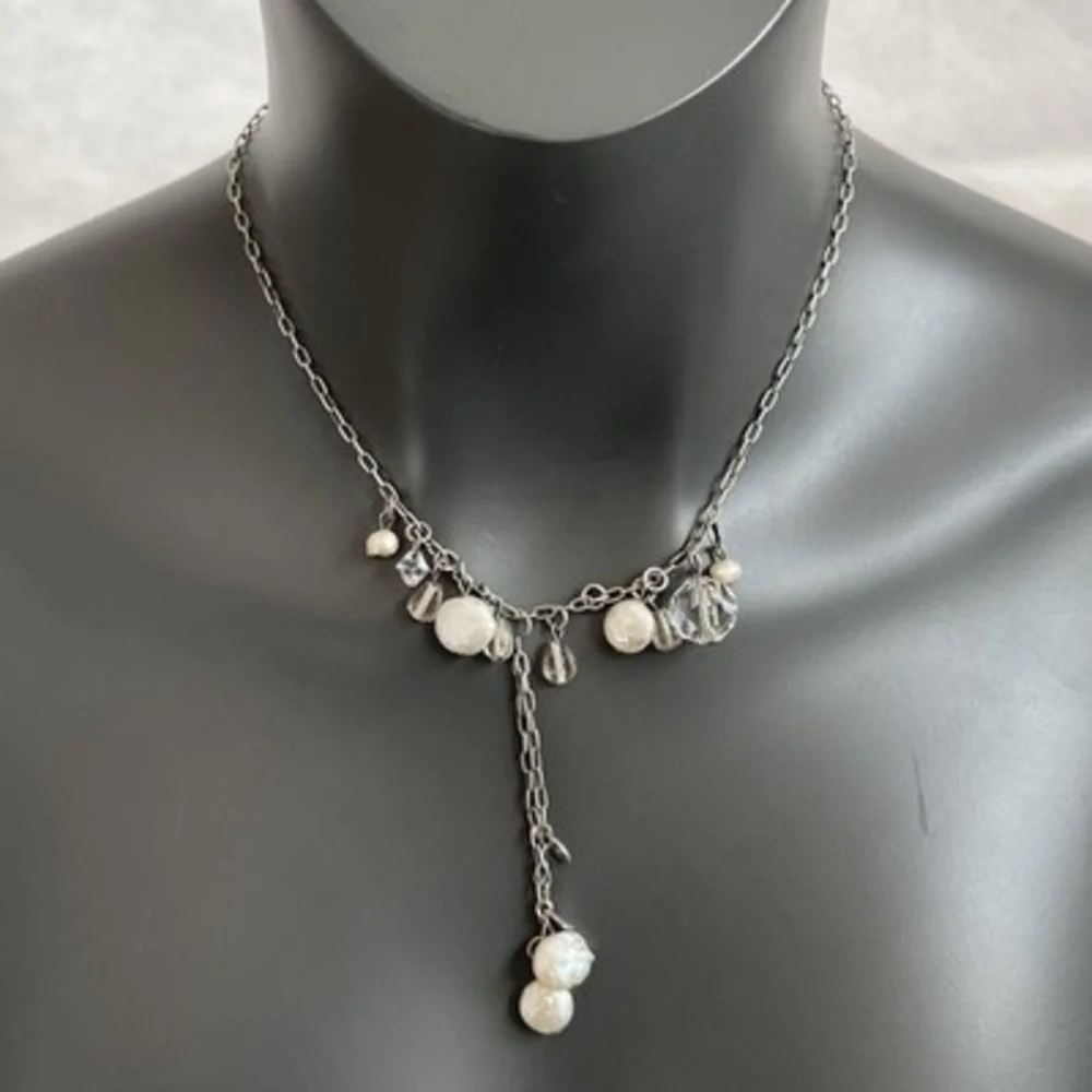 Sterling Silver Tone Pearl Crystal Dangle Cluster Necklace 16-18